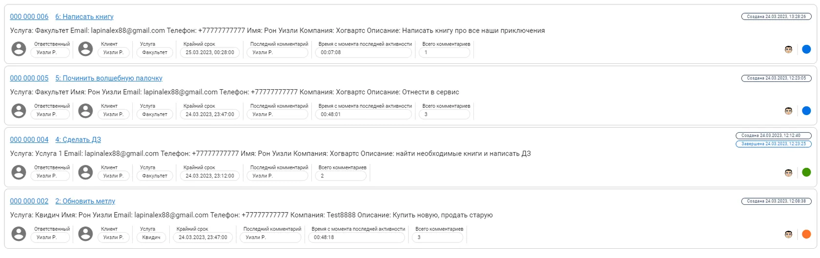 Заявки со всеми полями