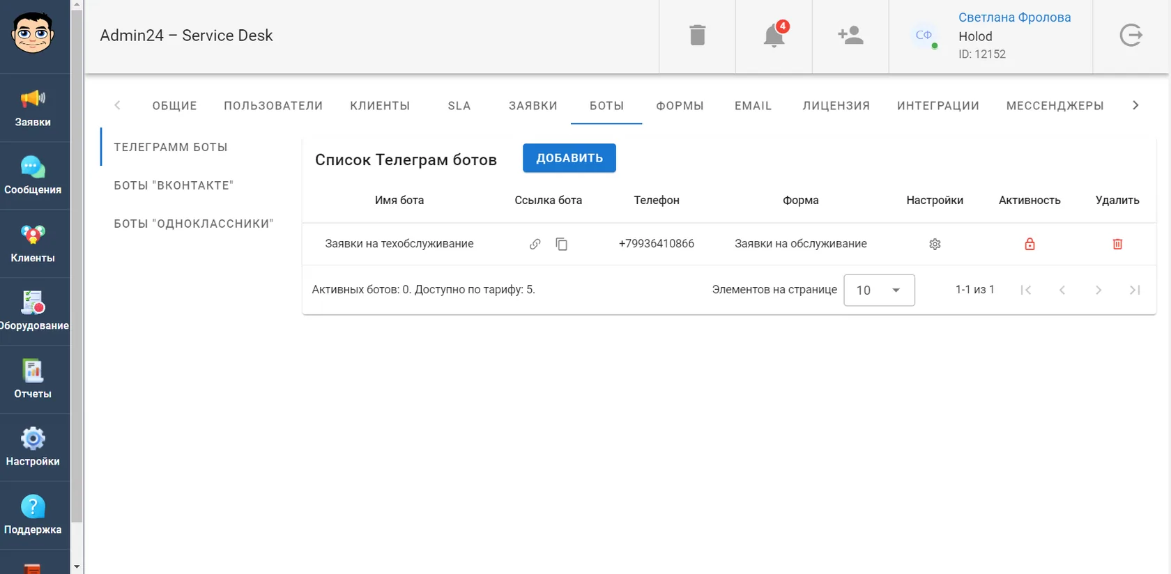 Список Телеграм-ботов в сервис-деске Admin24