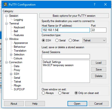 окно подключения через putty