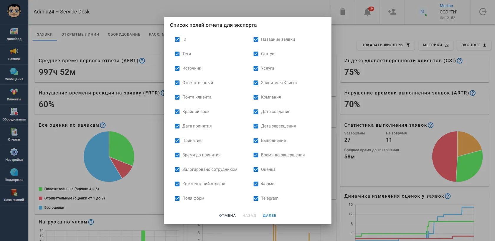 Экспорт отчетов в Admin24