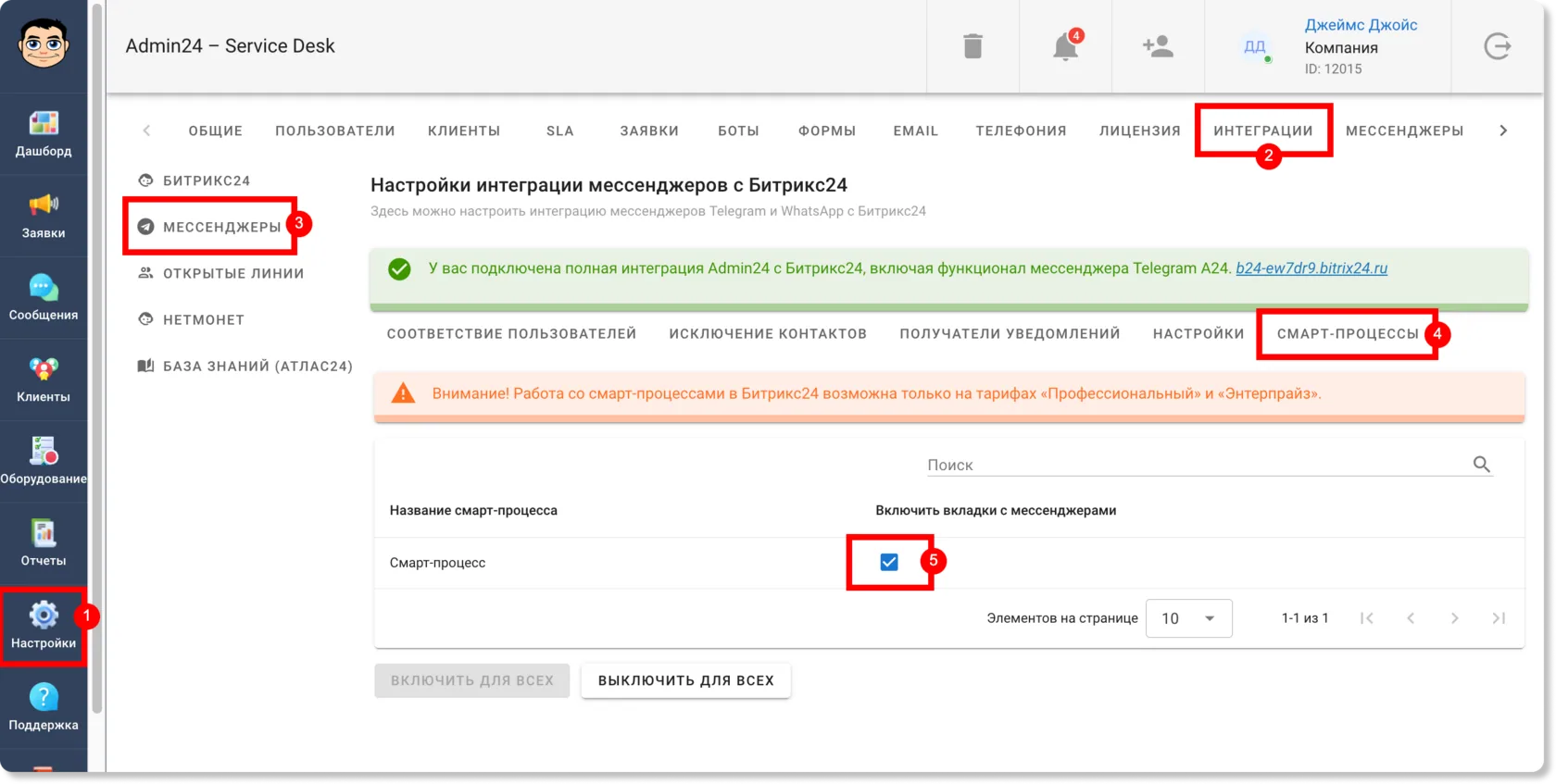 Добавлены вкладки WhatsApp.A24* и Telegram.A24 в карточку элемента смарт-процесса Битрикс24